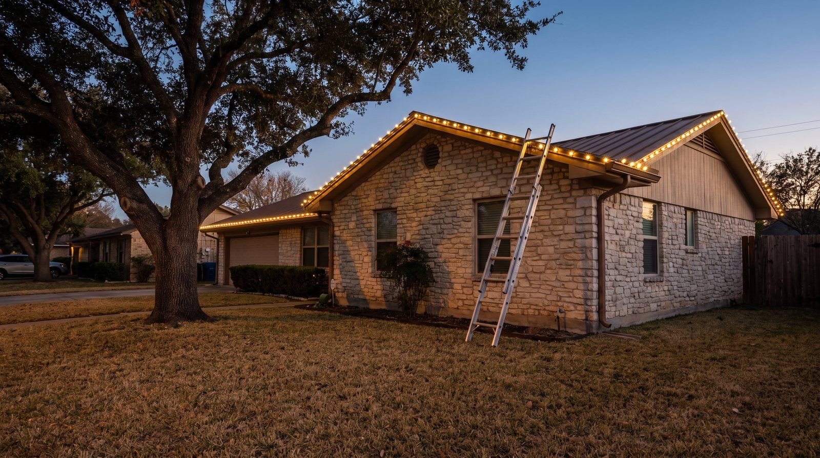 A one-story limestone ranch house in San Antonio at dusk with warm white Christmas lights clipped neatly along the roofline and gutters, an extension ladder leaning safely against the eave, a live oak and a dormant St. Augustine lawn in front